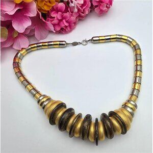 Joan’s Collectibles Brutalist Gold Silver Tone Chunky Beaded Necklace 18" Vtg.